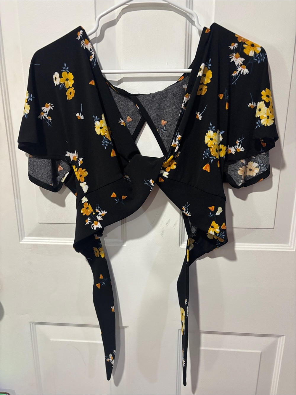 Black Floral Tie-back Women’s Top with Yellow Accent